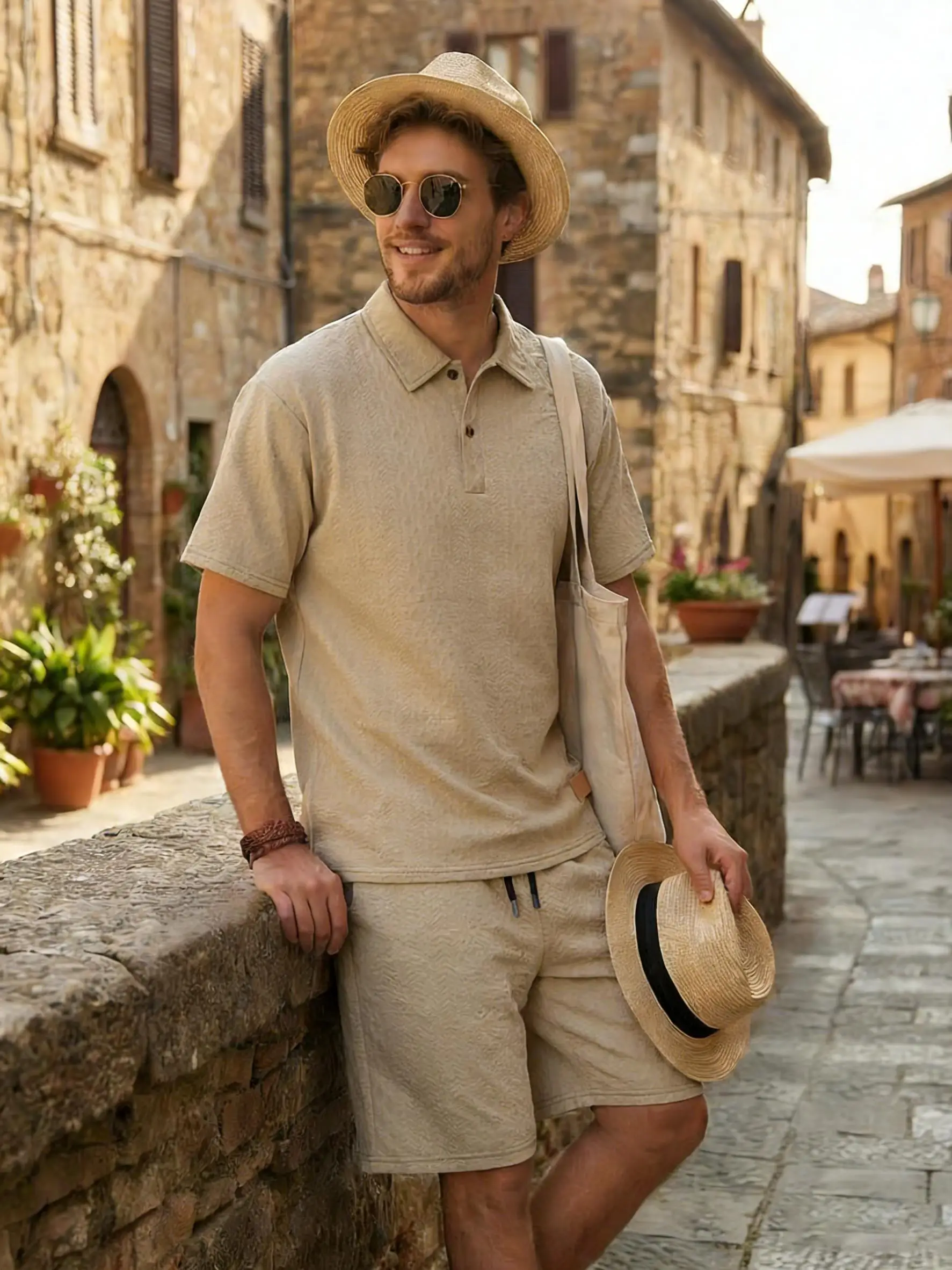 

Creative Polo Shirts Solid Man Vacation Summer Loose Shorts Set Drawstring Jacquard Clothing Trendy Unisex All-match Pants Suit