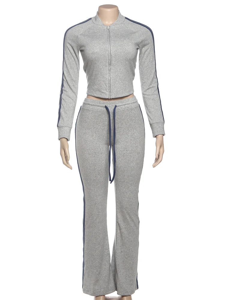 Cutenew 스트라이프 패치워크 2피스 세트 여성 트랙수트 지퍼 재킷+드로스트링 팬츠 매칭 스포티 캐주얼 스트레치 슬림 의상