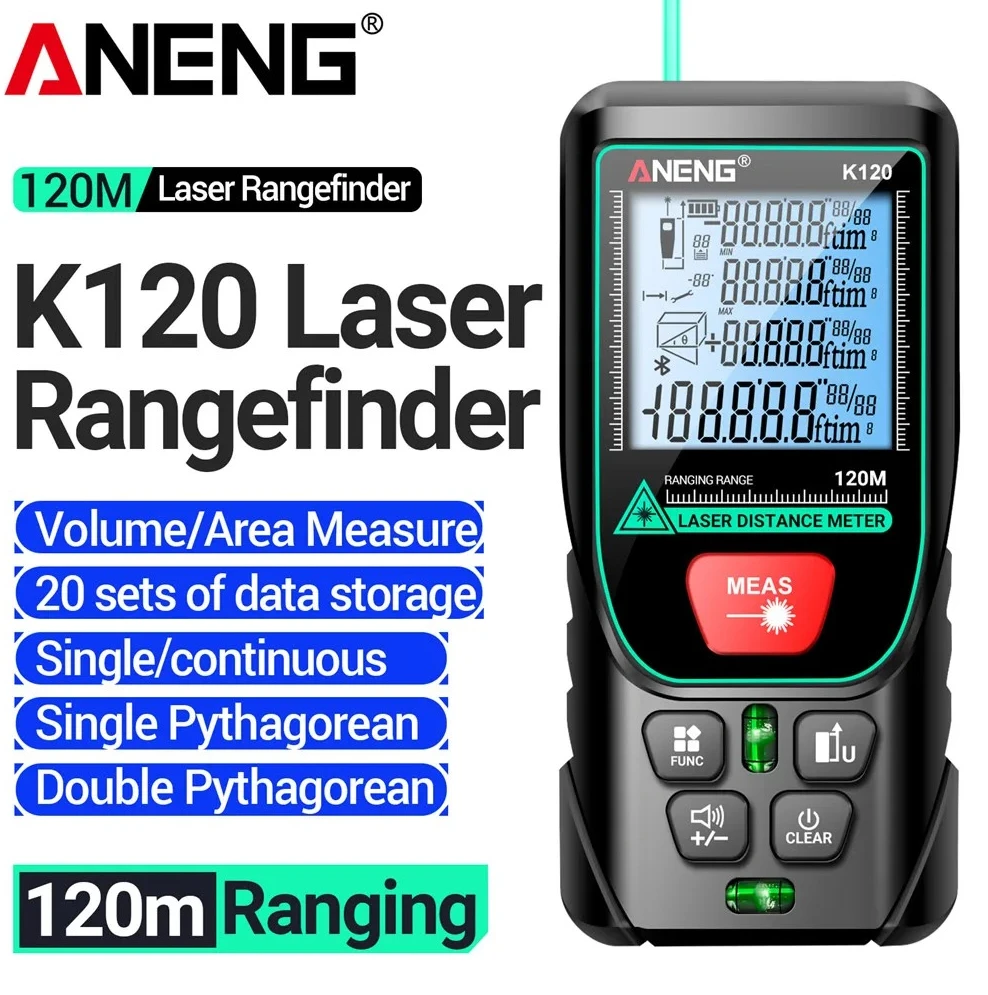 

Лазерный дальномер ANENG K120 120 м, измерение объема/площади, ±3 мм, зеленый лазер, непрерывное измерение расстояния, тестер с функцией хранения 20 групп данных