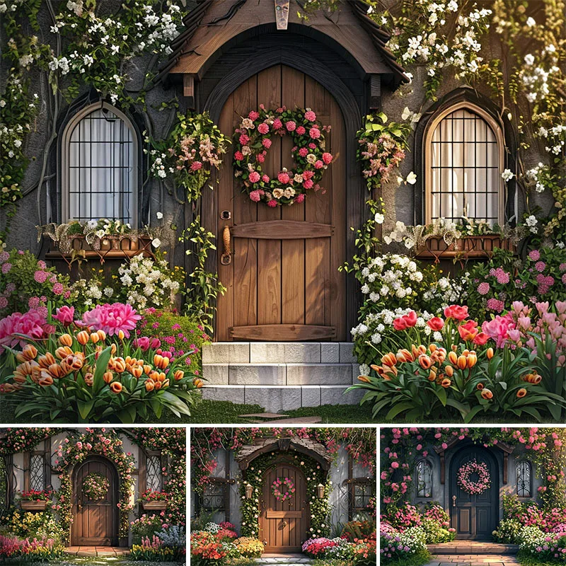 

Spring Photography Backgrounds Garden Cabin Door Porch Flowers Decoration Children Adult Portrait Photo Backdrops Studio Props