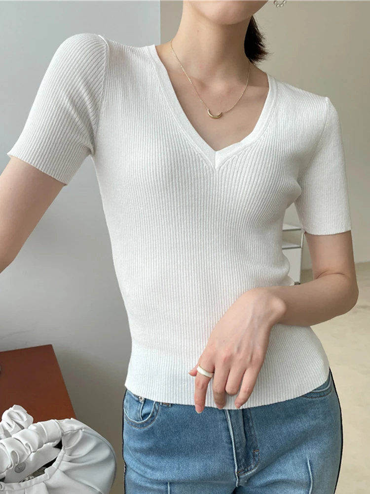 Sexy V Neck Short Sleeve T Shirt Women Ribbed Tops 2024 Summer Solid Knitted Casual Top Tees Slim Basic Female T-shirts