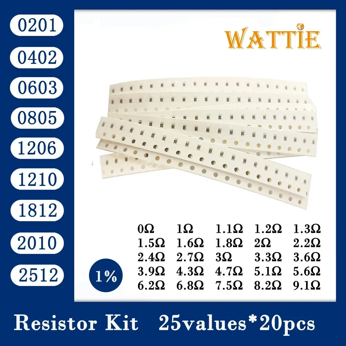 Kit de resistencias smd 0201, 0402, 0603, 0805, 1206, 1210, paquete de 25 valores x 20 Uds. = 1812 Uds., 2512 Kit de Muestra