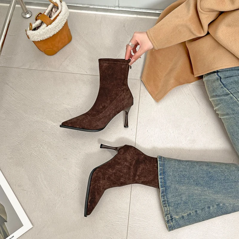 Pointed Toe Women's High Heel Ankle Boots Fashion Elegant Dancing Party Shoes Autumn Winter Women's Stretch Slim Short Booties