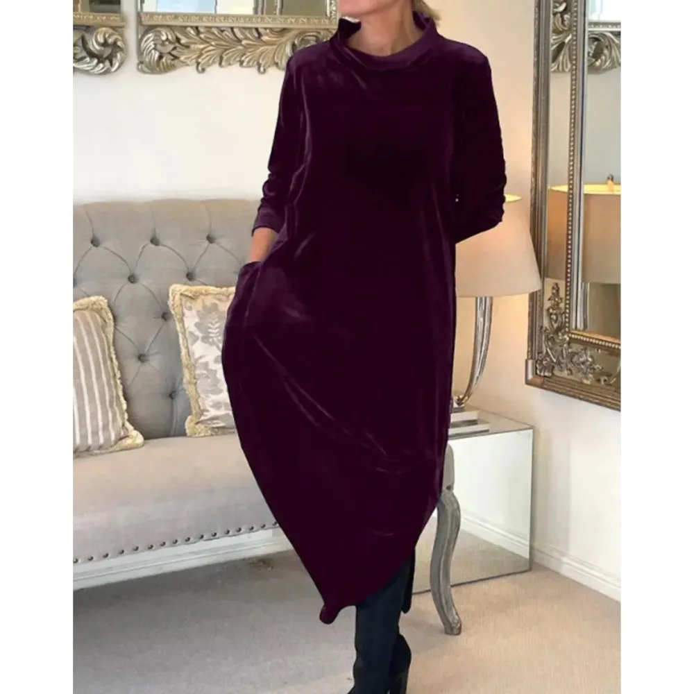 2025 Spring New Round Neck Long Dress Women Elegant Pocket Splicing Pullover Maxi Dress Street Wear Ladies Solid Color Vestidos