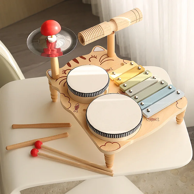 Gatinho estação de música piano versão instrumentos de percussão de madeira brinquedos conjunto tambor musical kit música de madeira bebê sensorial crianças tambor