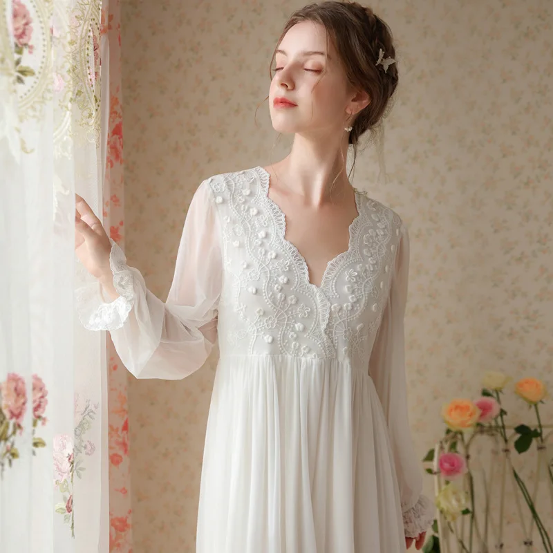 Vintage Autumn Mesh Night Dress Women Fairy V Neck Full Sleeve Nightgown Embroidery Long Nightdress Princess Sleepwear Nightwear