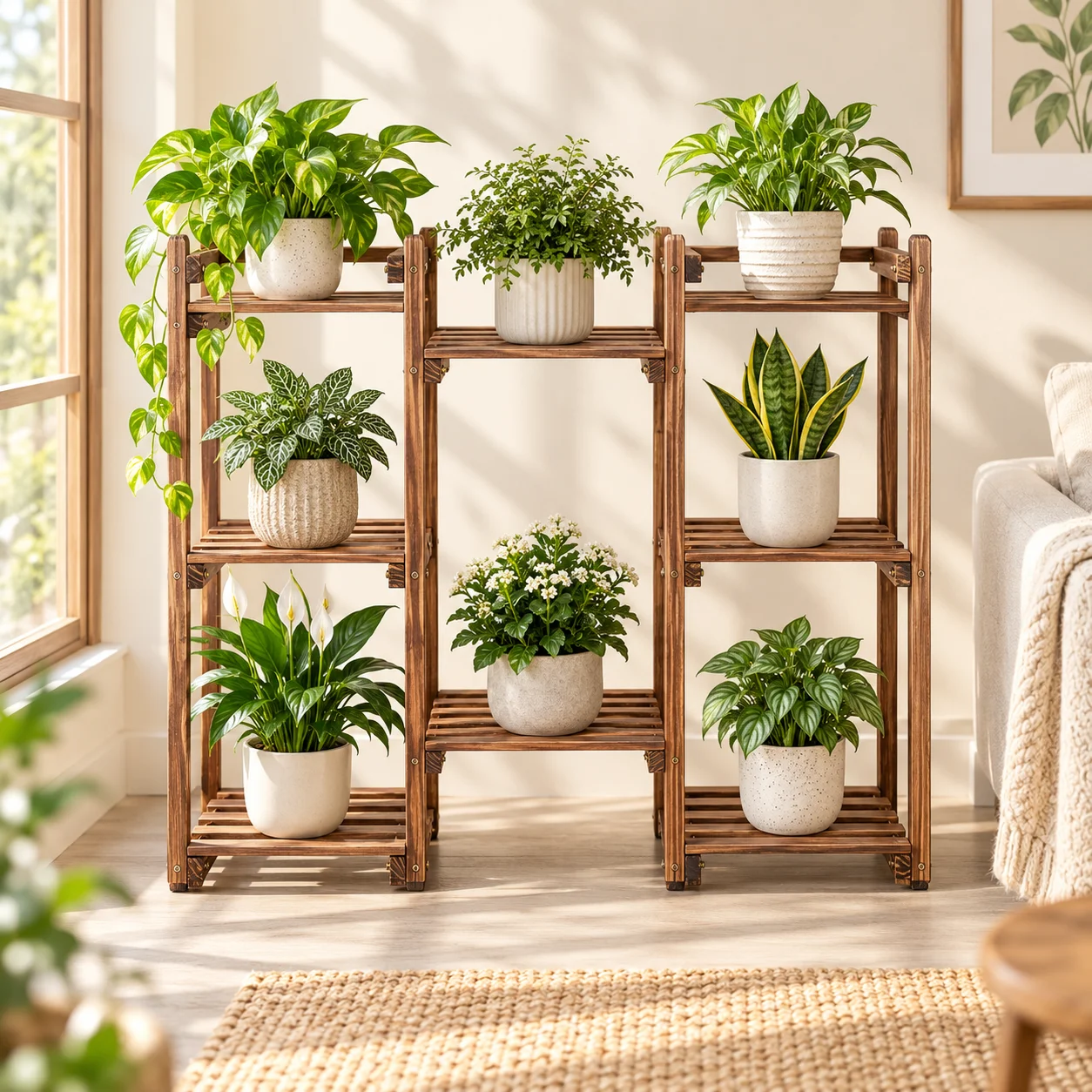 8 Tier Solid Pine Wood Plant Stand, Rustic Brown Flower Pot Display Shelf for Living Room Balcony and Sheltered Patio
