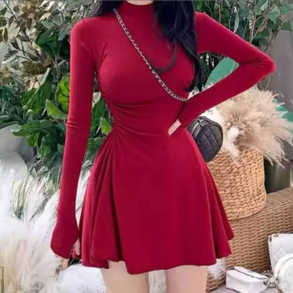 

Elegant Long Sleeved Christmas Red Dress Short Skirt A-line Girls Irregular Dress Half High Collar Pleated Slim Thin Dress Party