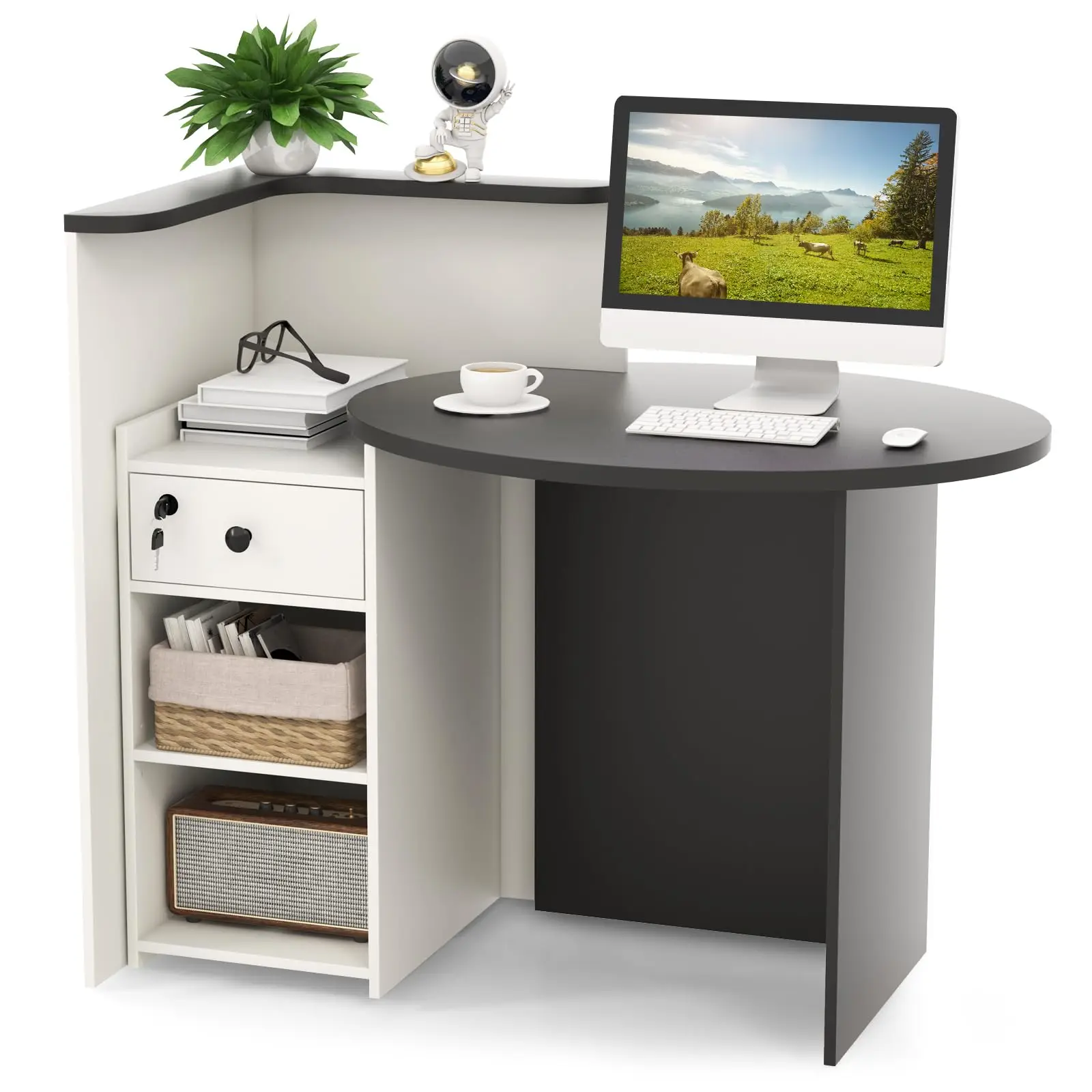 Reception Desk, Front Counter Desk with Lockable Drawer & Adjustable Shelf, Oval Desktop, Retail Counter for Checkout