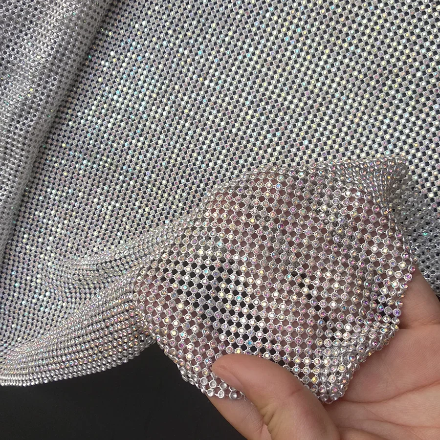 45*120 cm AB Strass metalen mesh stof met Zilveren Basis Losse Kristal metallic Pailletten doek Paneel DIY Naaien Jurk, schoenen, tas