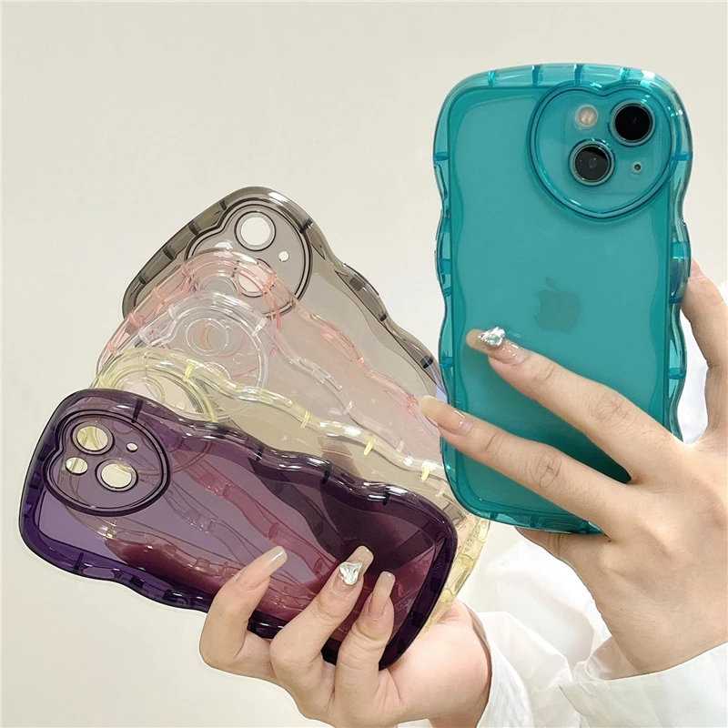 

Transparent Curly Wavy Soft Case For iPhone 15 14 13 12 11 Pro Max X XR XS Max Love Heart Camera Protection Silicone Candy Cover