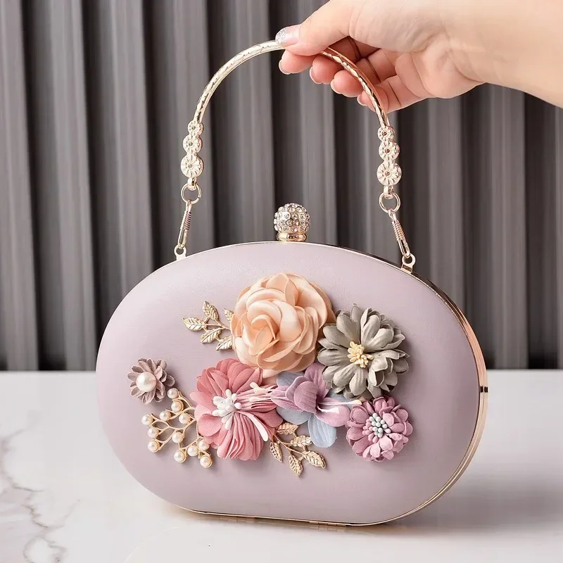Sweet Flower Wedding Party Evening Bags Vintage 3D Appliques Macaron Handbags Prom Party Clutch Round PU Purse Light Blue Bolsa