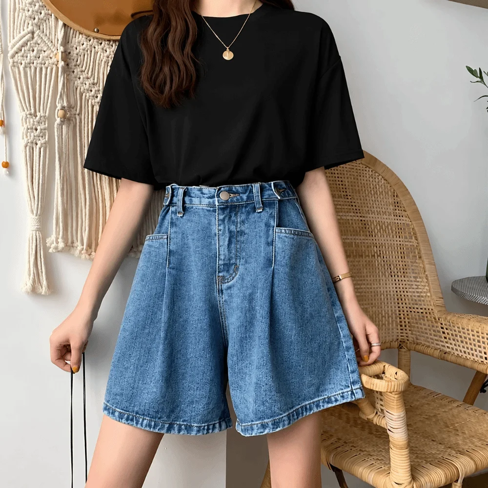Trend Loose Fit Wide Leg Jeans Shorts Thin Straight Leg High Waist Shorts Casual Five-Quarter Shorts Women