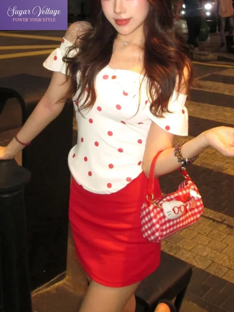 

French Sweet 2 Piece Set Women Polka Dot Off Shoulder Top + Red Bodycon Mini Skirt Summer Sexy Slim Casual Chic Party Outfits