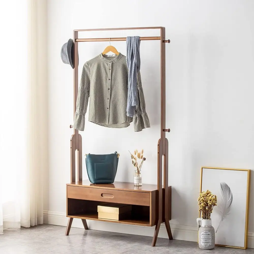 Wooden Garment Rack with Seat, Hooks, and Storage for Closet, Entryway, and Bedroom (32.9L x 13W x 66.5H)