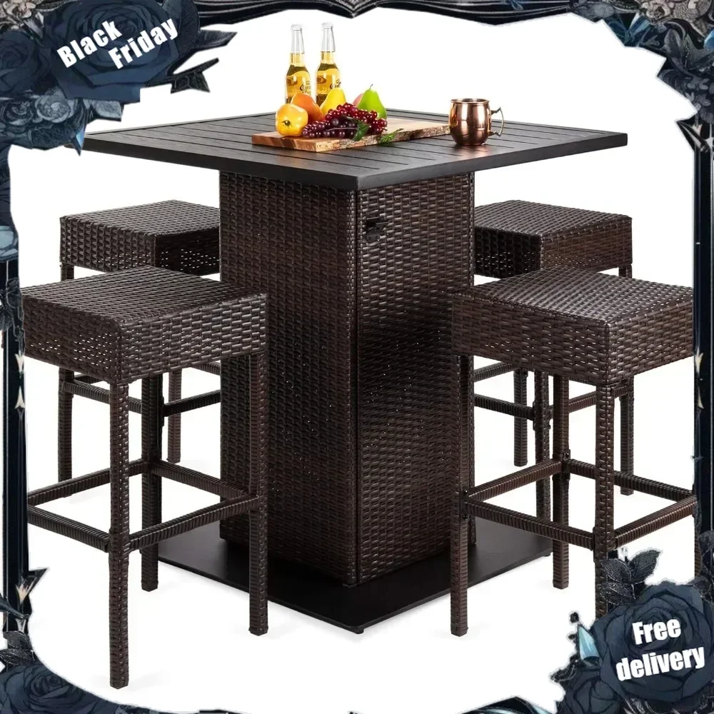 Products 5-Piece Outdoor Wicker Bar Table Set for Patio, Poolside, Backyard w/Built-in Bottle Opener, Hidden Storage Shelf