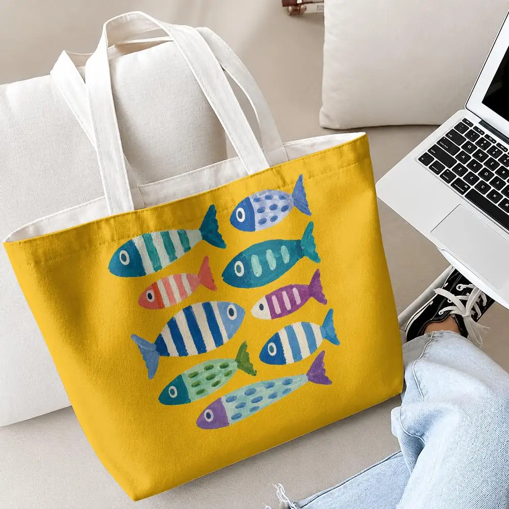Sardine Graphic Storage Bags 2-Piece Set Double-Sided Print with Zipper Canvas Eco Tote Bag for Beach Travel Picnic