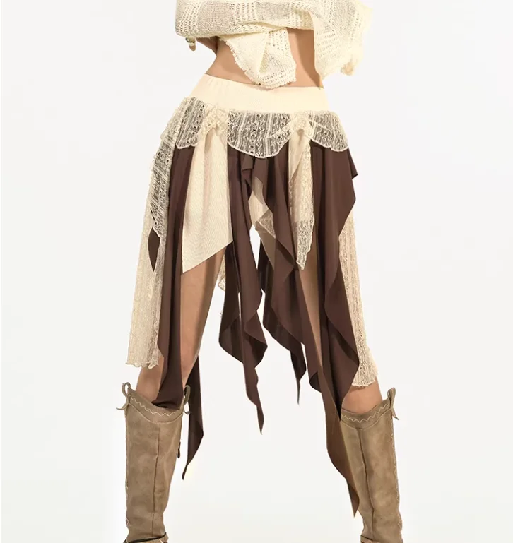 Spring New Punk Splicing Lace Contrasting Color Irregular Skirt Fashion High Waist A-line Versatile Personalized Girls Skirts