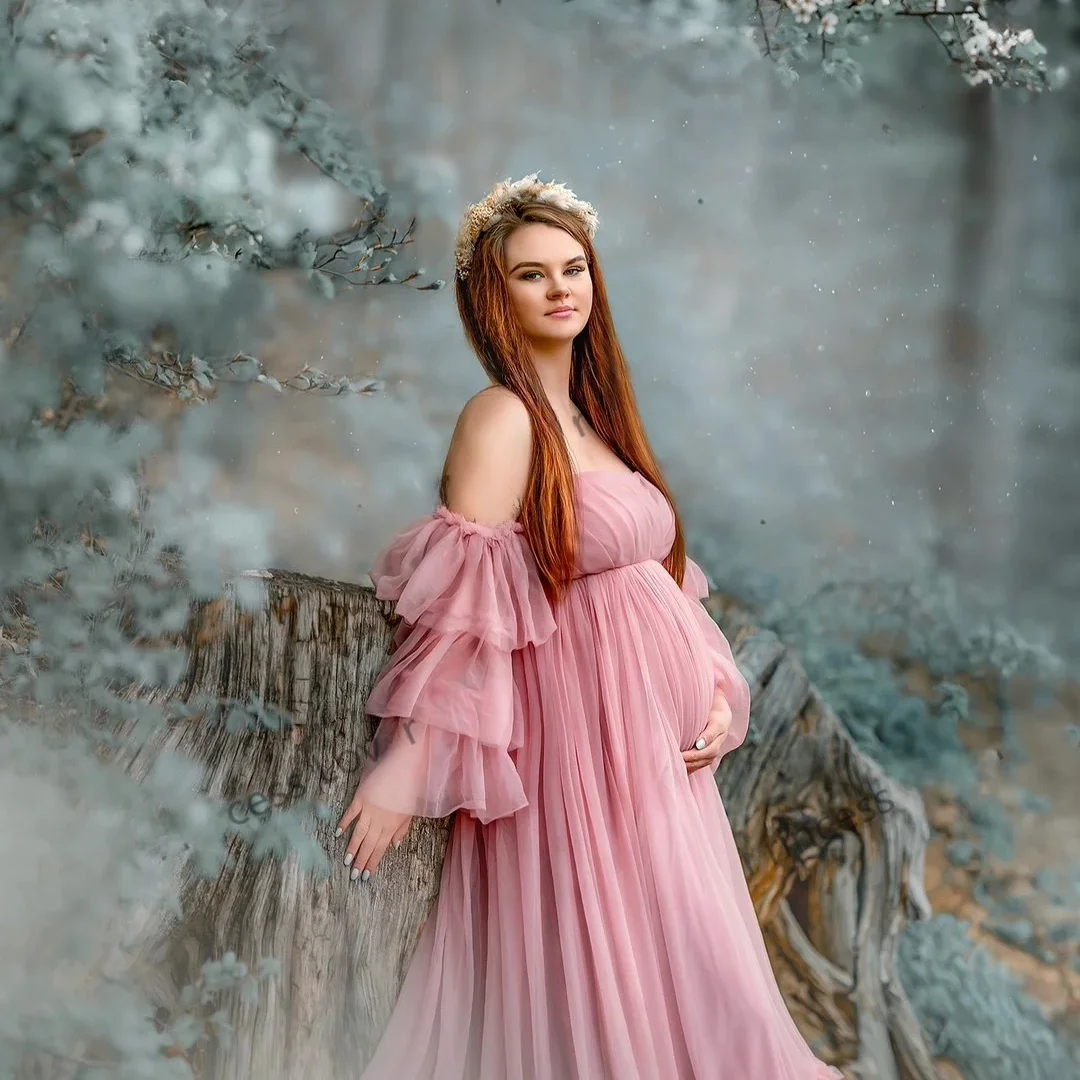 Vestido de Fotoia de Maternidade Sexy em Tule para São de Fotos, Vestido de Noite com Cauda Longa, Feito Sob Medida