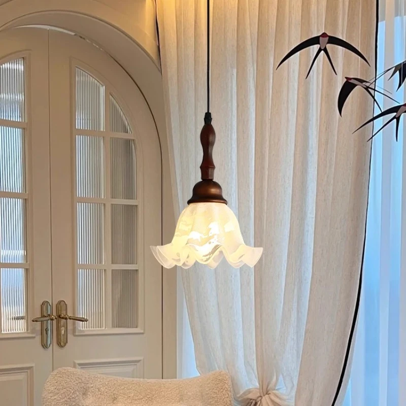 الفرنسية الأبيض ندفة الثلج نمط زهرة شكل الزجاج قلادة LED أضواء غرفة المعيشة غرفة نوم مطعم المطبخ مصابيح معلقة خشبية #3