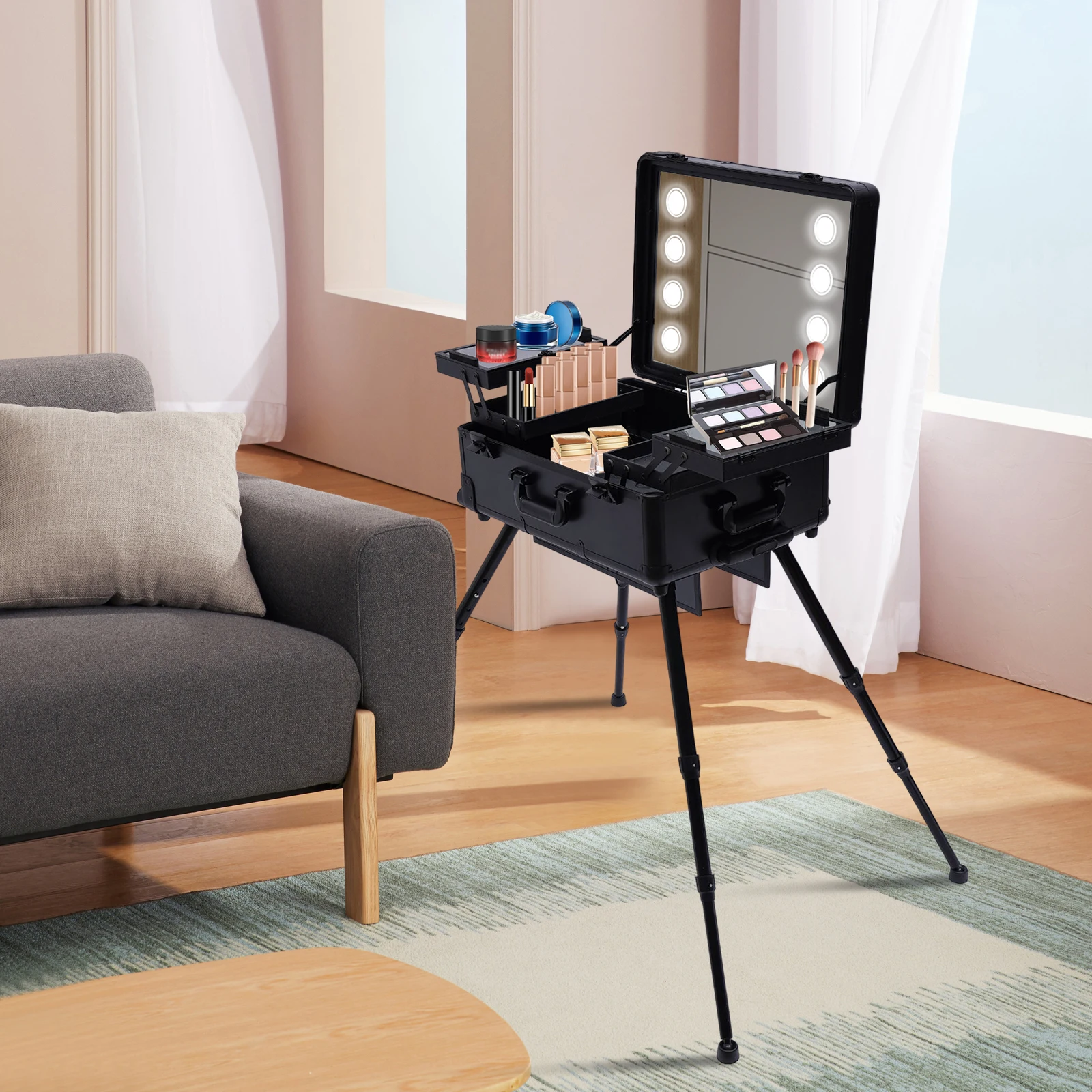 Tren de maquillaje con ruedas de aluminio, estuche con luces LED,  organizador de cosméticos profesional para estudio con ruedas para viaje /  Equipaje, image size:1600x1600