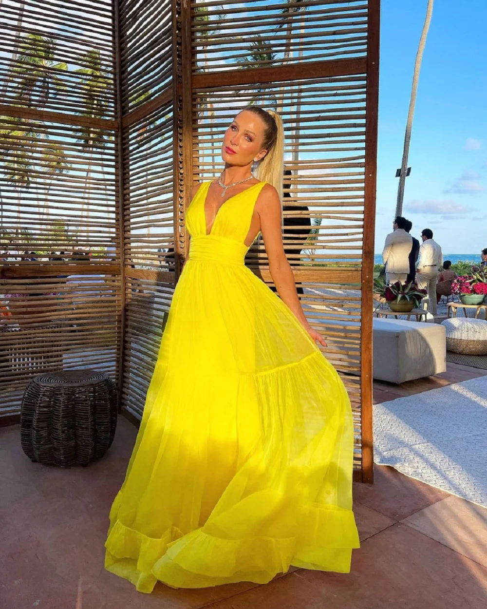 Bafftafe Yellow Organza Long Evening Dresses Women V-Neck Layers Customized Party Dress Formal Prom Gowns vestidos de noche