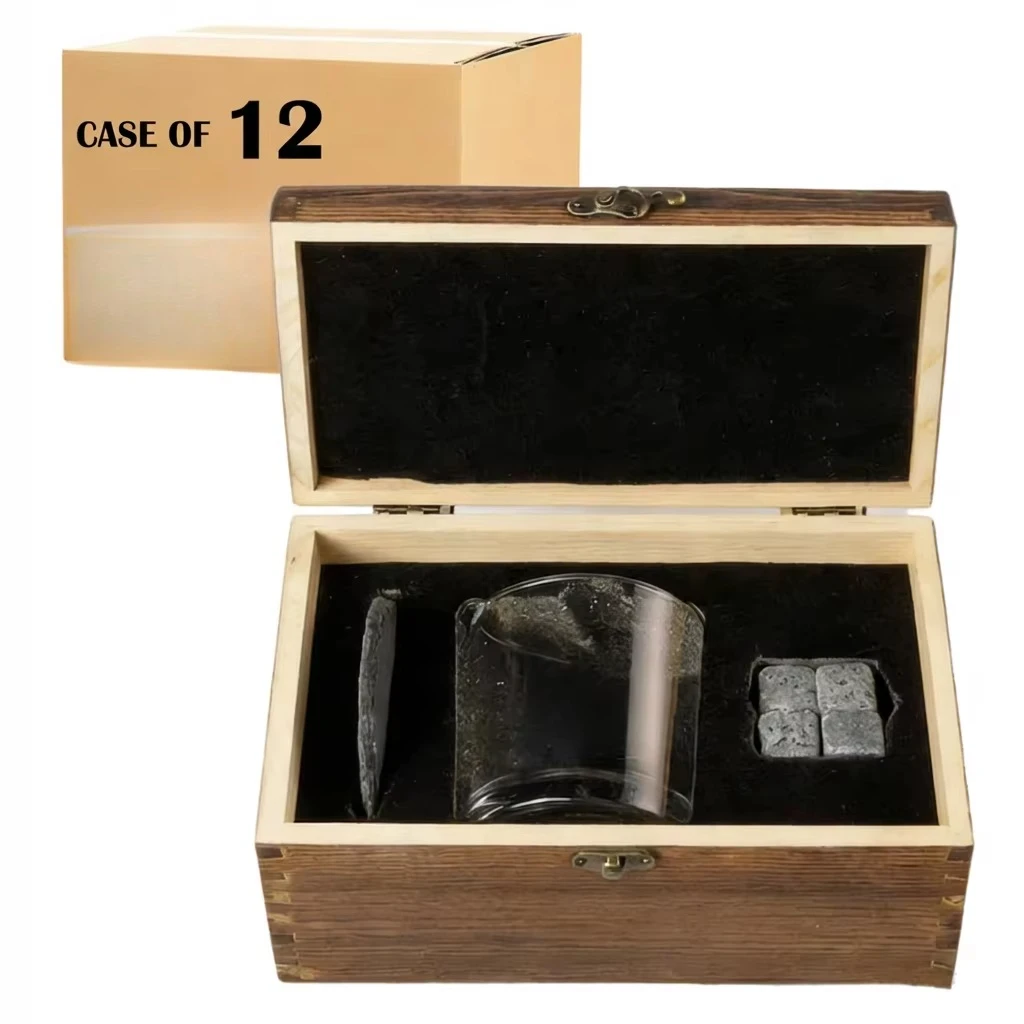 12 Whiskey Sets with 10 oz Glasses, Coasters & Engraved Wooden Gift Boxes