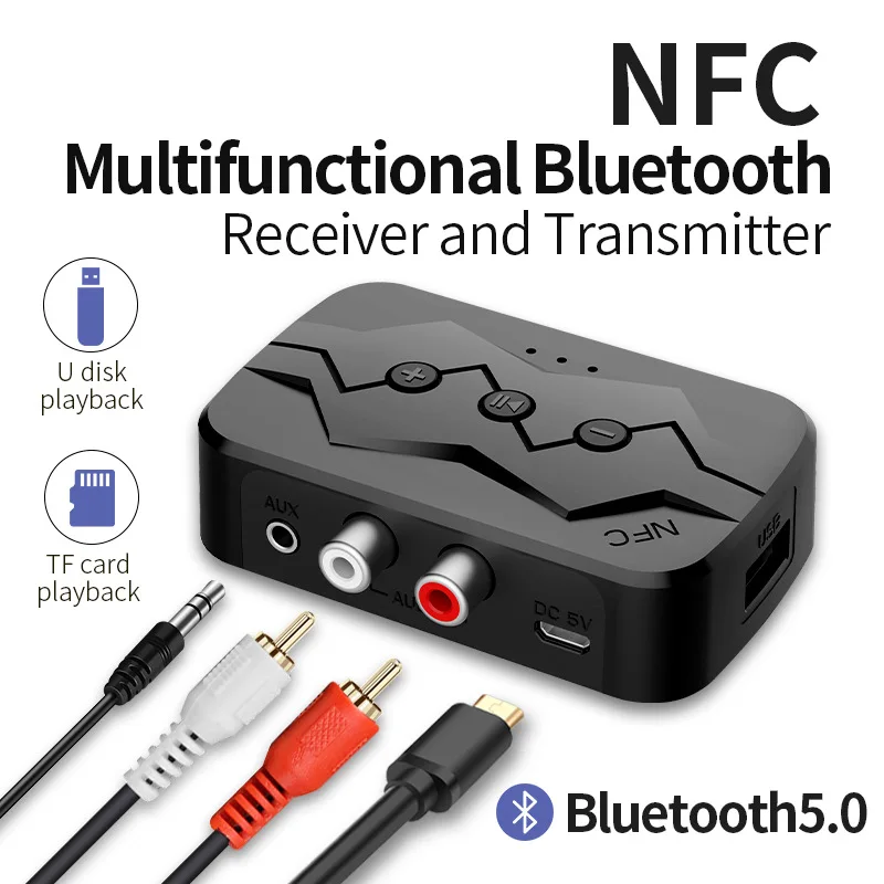 

NFC BT5.0 Bluetooth-compatible Wireless Audio Player Converter USB 3.5mm Aux 2RCA Stereo Dongle Music Receiver Call Handsfree