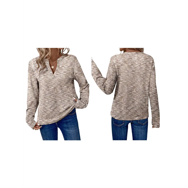 เสื้อท็อปผ้าวาฟเฟิลถักสำหรับผู้หญิง คอวี แขนยาว เสื้อเชิ้ต Henley ดีไซน์ลำลอง เสื้อผ้าแฟชั่นฤดูใบไม้ร่วง 2025