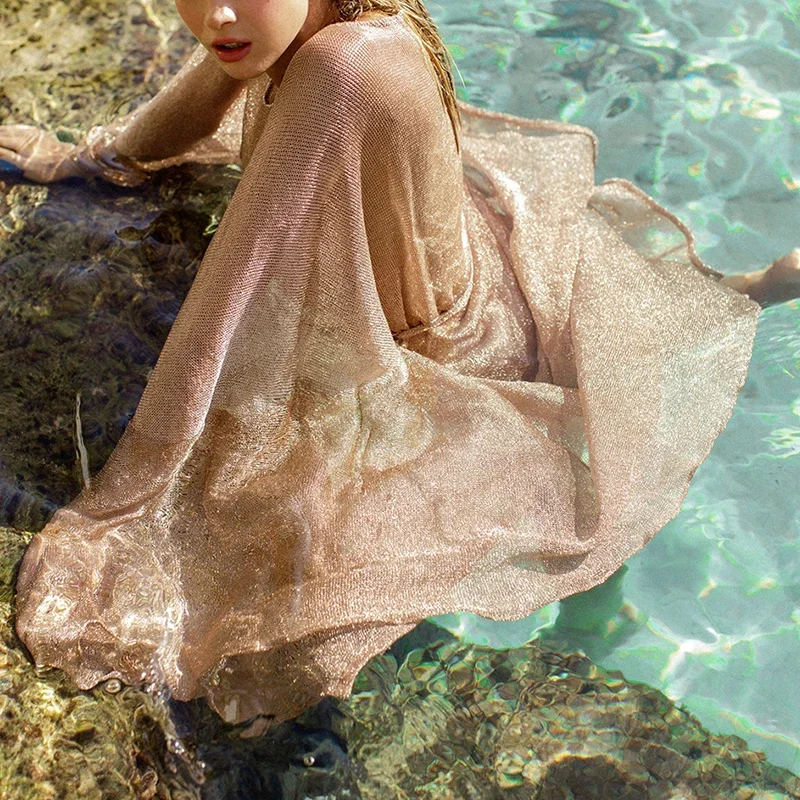 Open Front Tie Waist Holiday Lady Sequins Knit Robe Sun Proof Long Dress Women Golden Shiny Bikini Beachwear Sexy Cover Up Dress