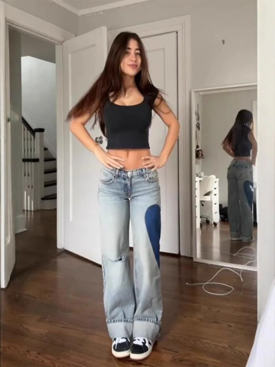 

Womens Y2K Ripped Wide-Leg Jeans Heart Shaped Print Loose Fit Trousers Button Low Waist Denim Long Pants with Pockets