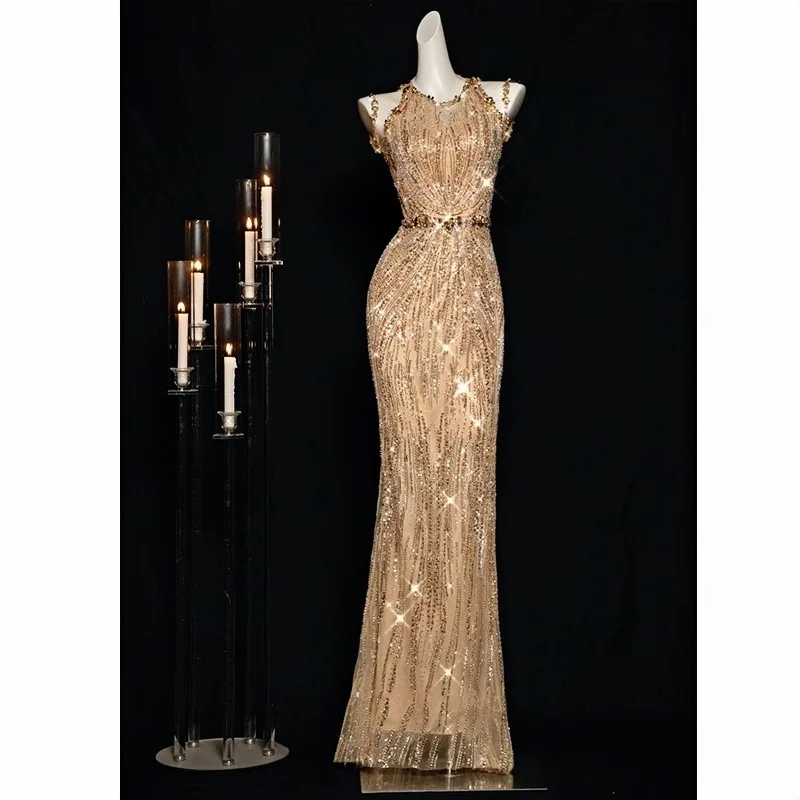 

Extravagant Gold Prom Dress Round Neck Slim Lace Sequins Sleeveless Fishtail Special Occasion Host Banquet Evening Gown