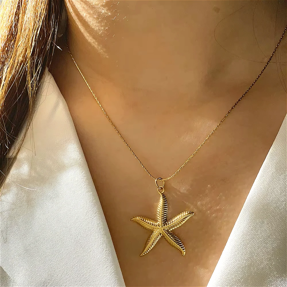 Ocean Series Golded Choker Stainless Steel Pendant Necklace for Women Shell Starfish Pendants Women's Chunky Jewelry Accessories