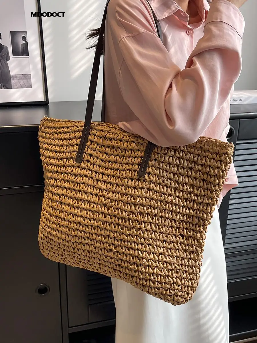 Luxury Design Straw Woven Tote Bags Summer Casual Large Capacity Handbags New Fashion Beach Women Shoulder Simple Style Shopping