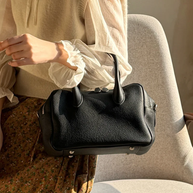 

Top-grain Cowhide Minimalist Handbag Women High-end Tote Bag Genuine Leather Lychee Texture Multi-layer Boston Bowling Bags