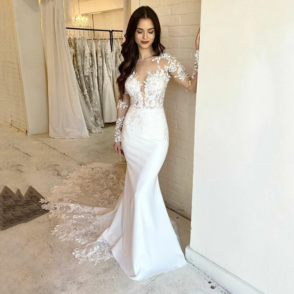 Eleganti abiti da sposa a sirena in pizzo per le donne 2024 abito da sposa con applicazioni in pizzo a maniche lunghe Illusion Back Ivory Vestido De Novias