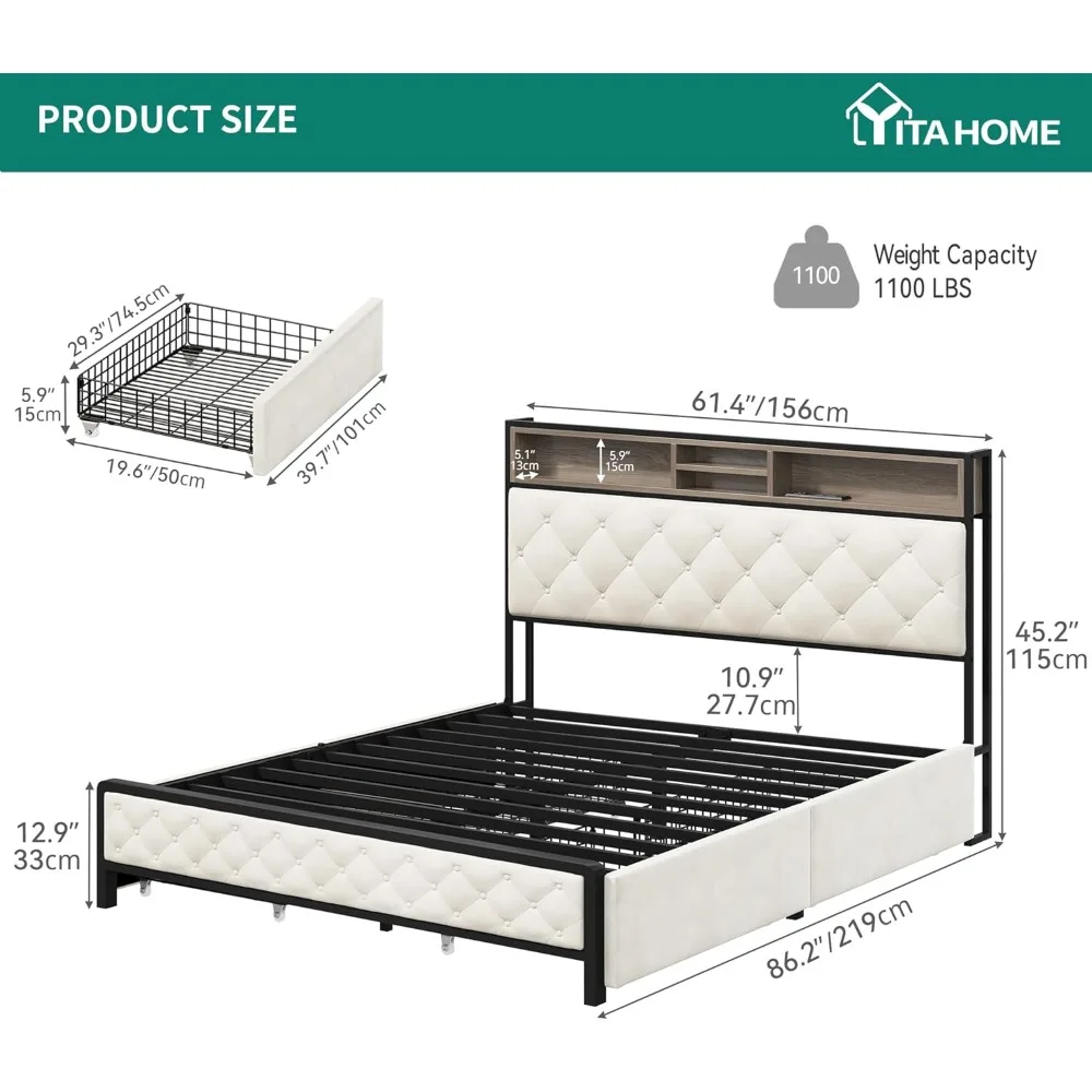 Queen Bed Frame with 4 Storage Drawers, Platform Bed Frame with USB Charging Station and Upholstered Headboard,Easy Installation