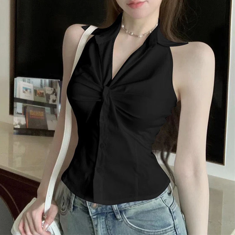 Women Clothing 2024 Summer Trendy Sexy V Neck Backless Knot Blouses White Black Sleeveless Slim Shirts Casual Chic Y2K Crop Tops