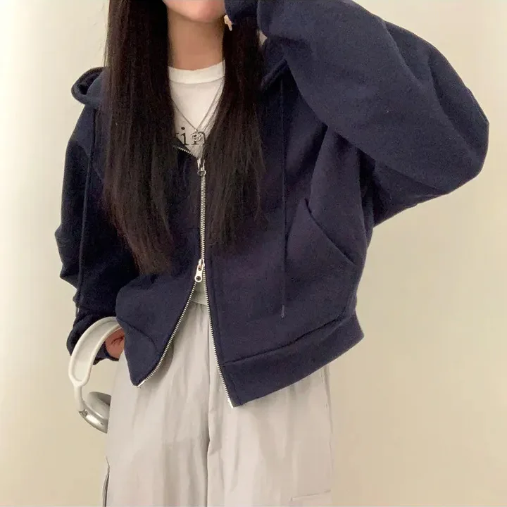 Autumn Lazy Style Casual Hooded Personality Double Zipper Fleece Thick Hoodie Jacket for Women