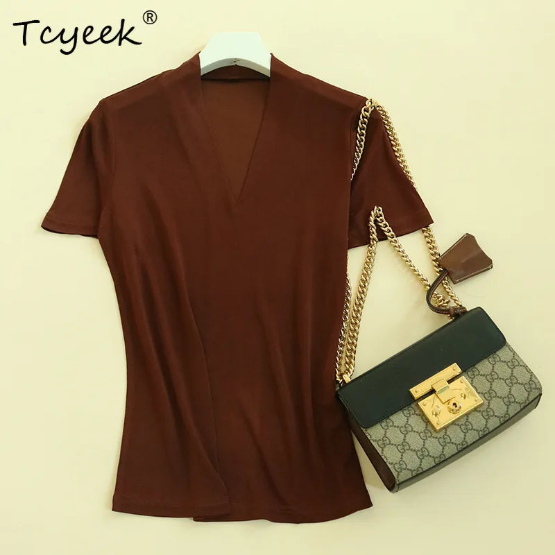 

Tcyeek, трикотажная футболка из натурального шелка, однотонная футболка с v-образным вырезом и короткими рукавами, женская элегантная базовая футболка для ухода за кожей, весна-лето 2024, T43374QM