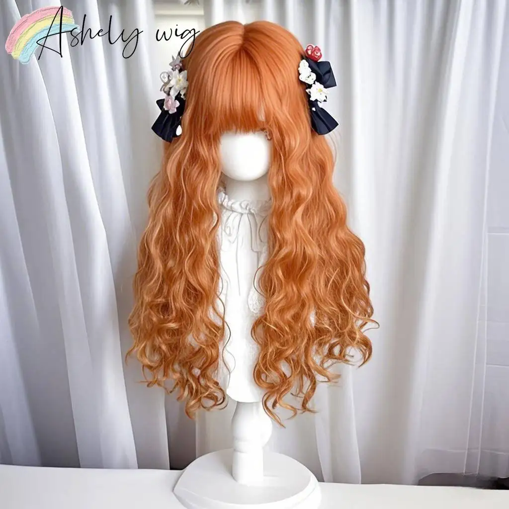 Orange Curly Wig with Bangs 24inch Cute Lolita Wig High Temperature Fibers Fake Hair Synthetic Wigs for Cosplay Peruca Lolita