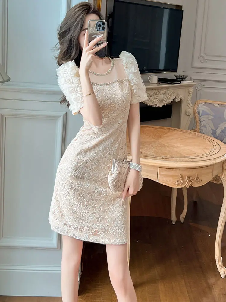 2025 Summer New Women Elegant Party Dress Flower Design Puff Sleeve O Neck  Lace Slim Short Dresses Vestidos Elegantes Para Mujer - AliExpress 200000345
