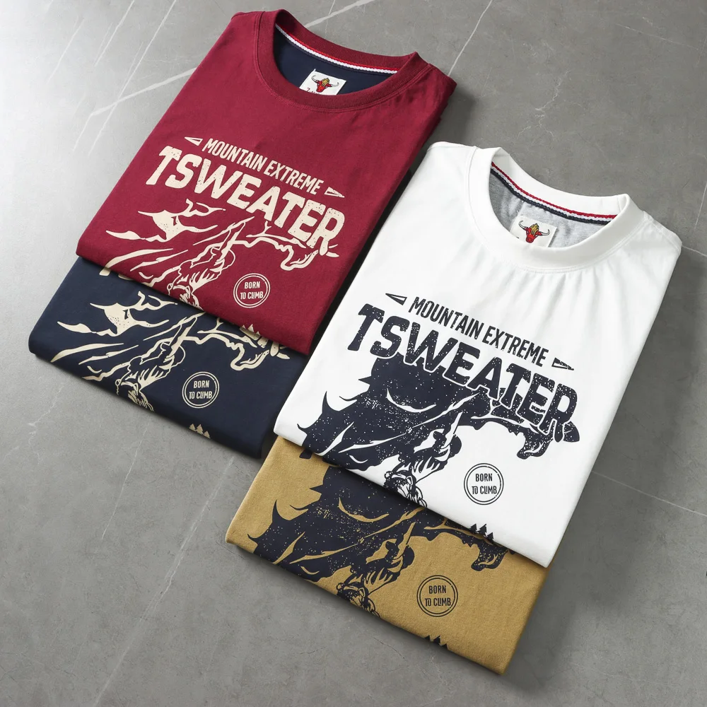 2025 Summer New American Retro Short Sleeve O-neck Letter Climbing Printed T-shirt Men's Fashion 100% Cotton Washed Casual Tops