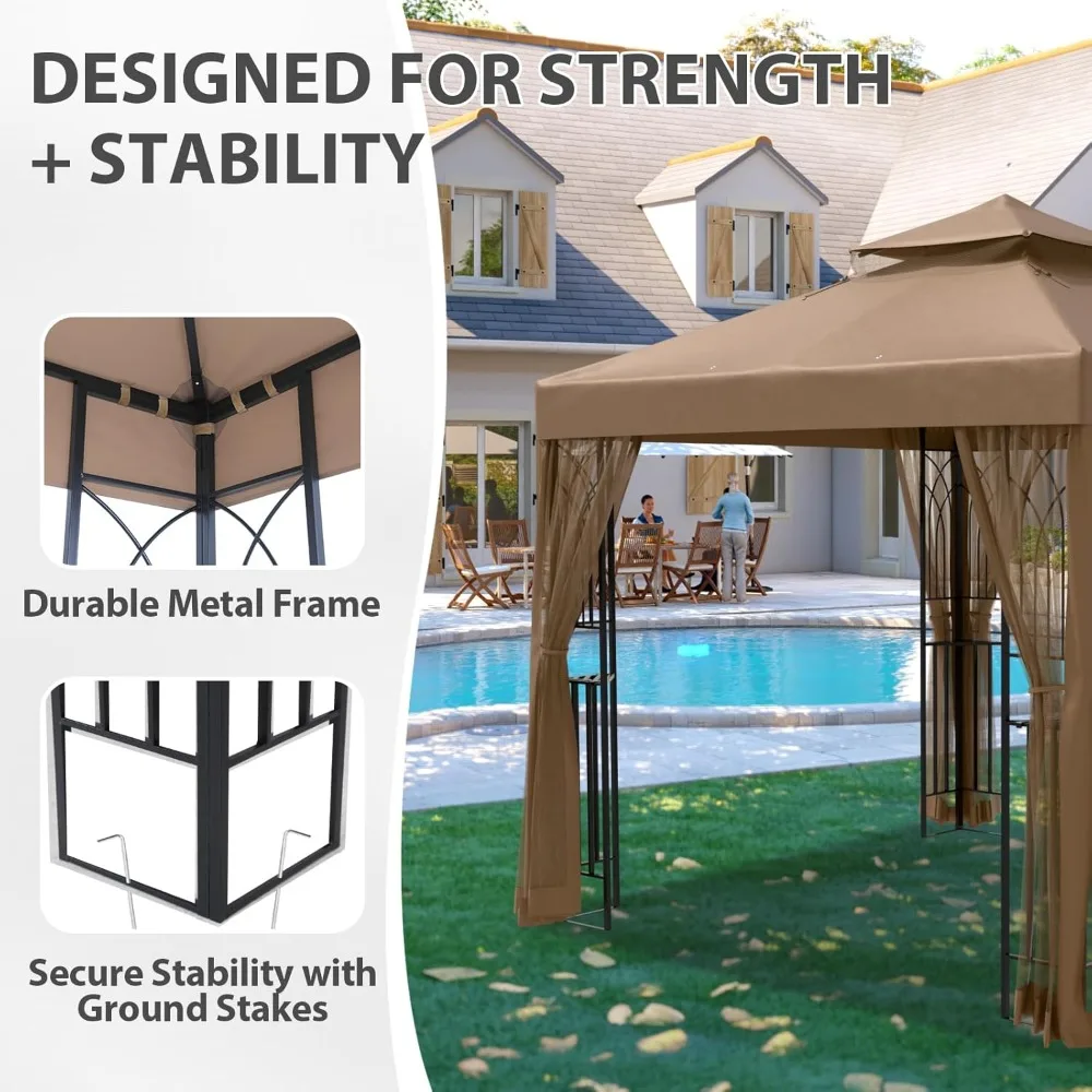 

8x8 Patio Gazebo with Mesh Netting, Double Roof Outdoor Pavilion with Corner Shelves for Lawn, Deck