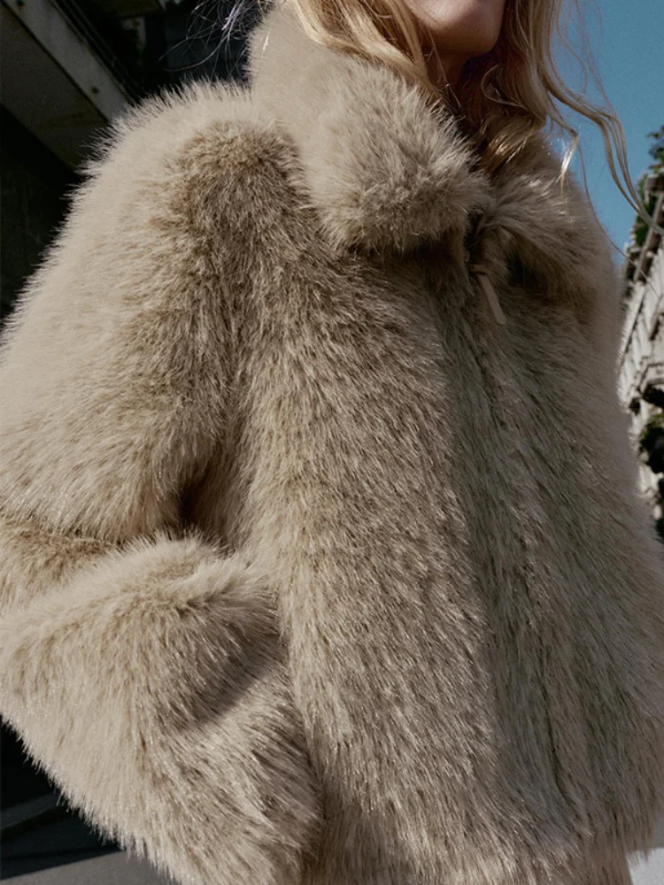 Write Tweed Thickened Lapel Outwear Faux Fur Long Sleeve Solid Color Zipper Coat Lady Elegant Winter Warm Casual Cozy Top