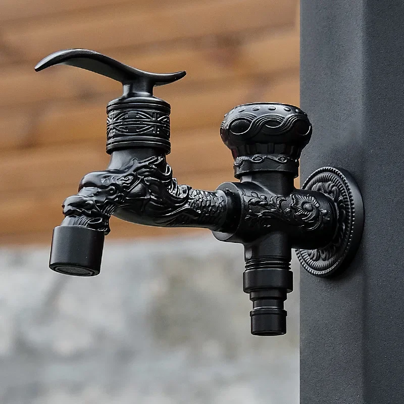 Antique Carved Washing Machine Faucet Single Cold Outdoor Faucet Wall Mounted Garden Faucet Brass Bathroom Corner Faucet