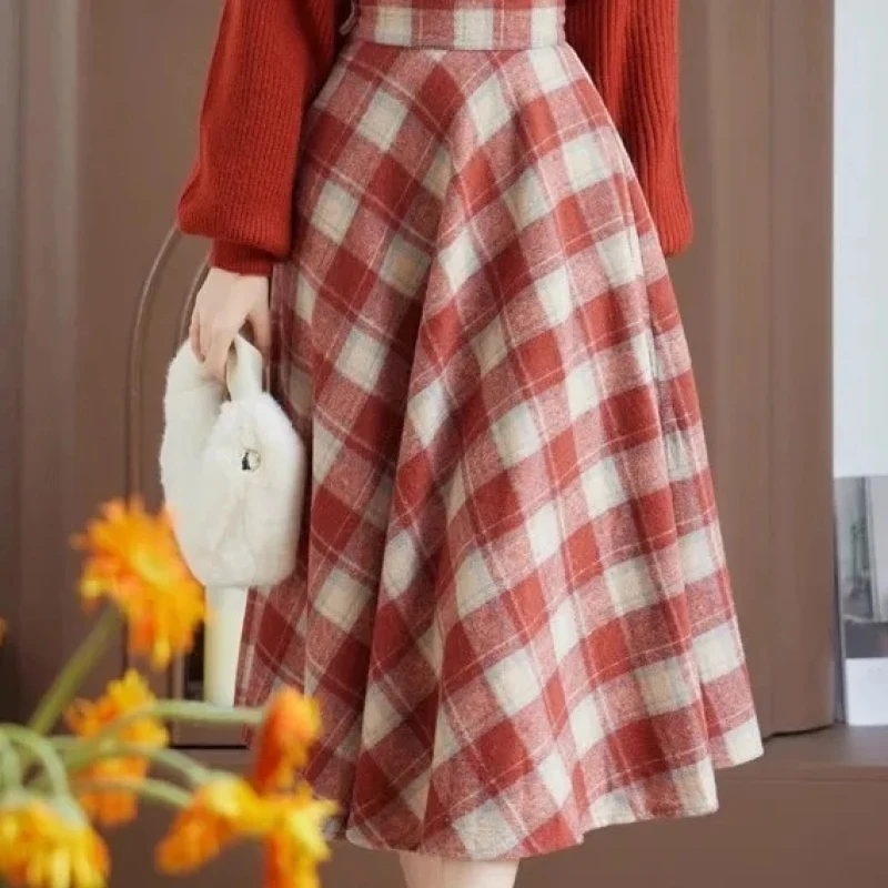 Autumn Winter Women Matching Sets Lucky Red Halter V-Neck Sweater Plaid Skirts Two Piece Suit England Style Vintage Slim Outfits