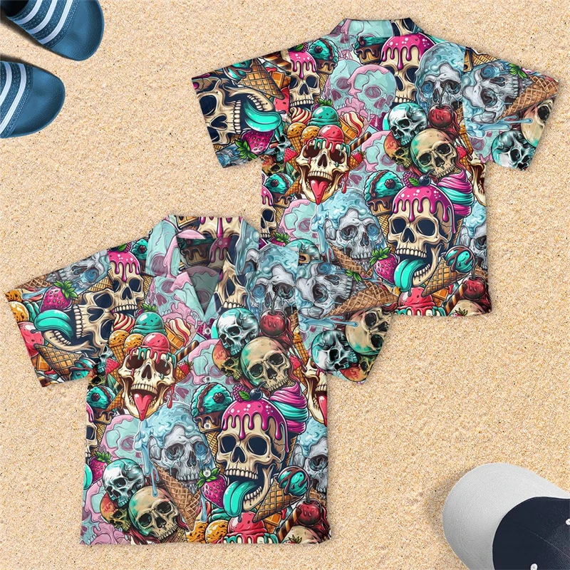 Abstract Icecream 3D Printed Lapel Blouse Hawaiian Chocolate Cone Ice Cream Boy Blouses Popsicle Aloha Short Sleeve Beach Shirts