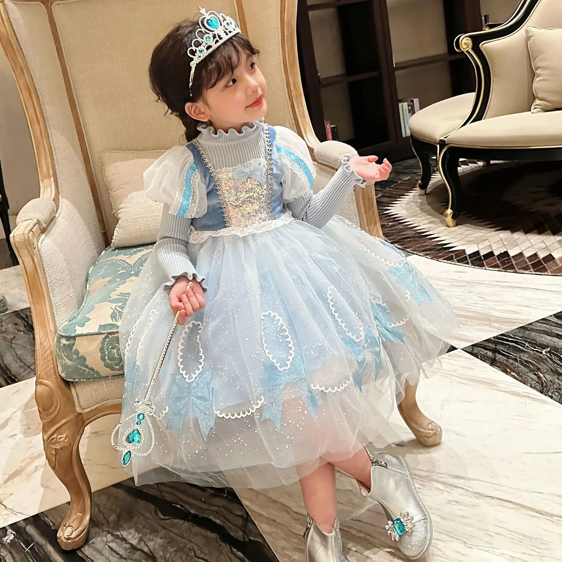 

Girls Princess Dress Sweater Knitted Long Sleeve Dress Children's Halloween Dress