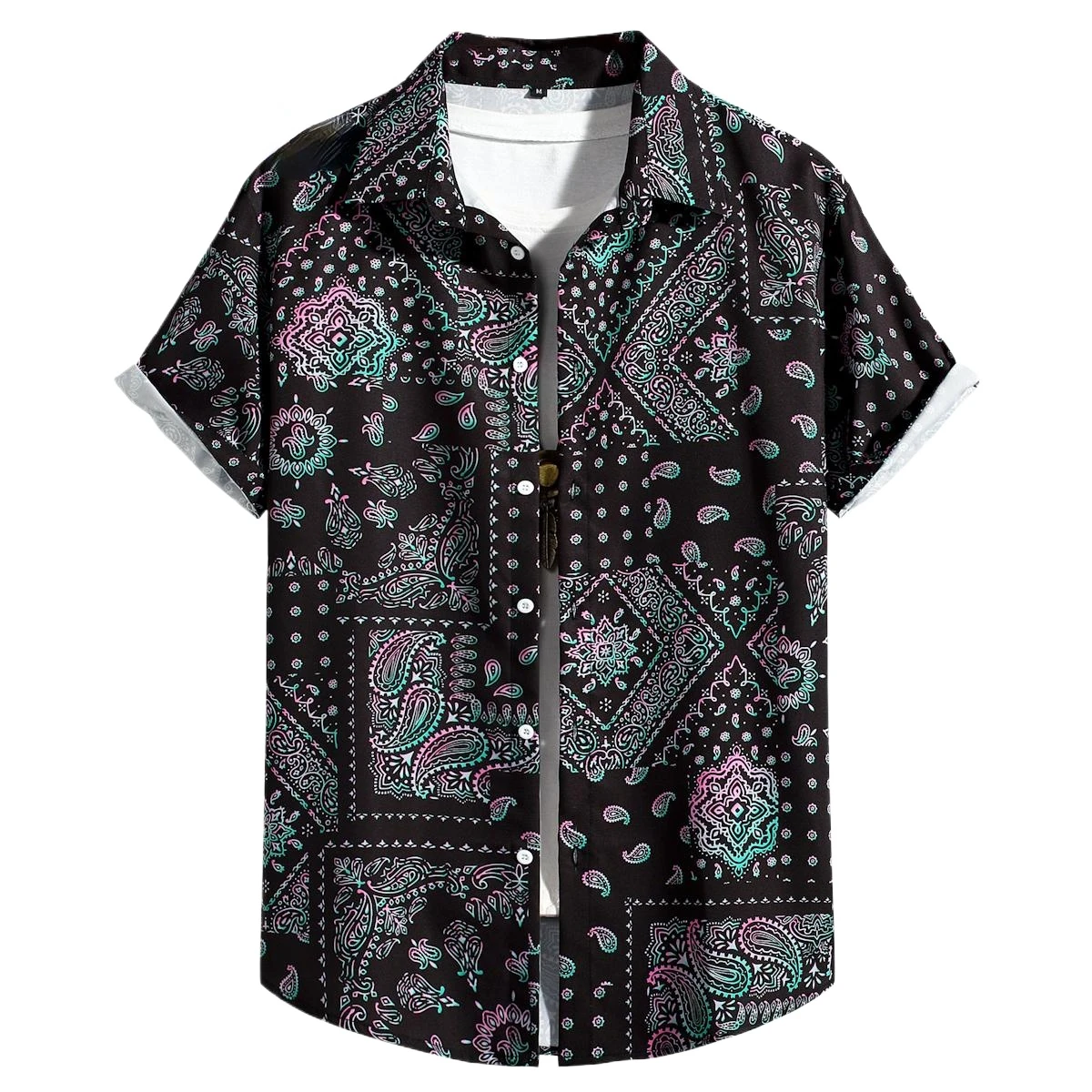 

Fashionable Men Short Sleeved Black Cashew Flower Shirt for Men Summer Shirt